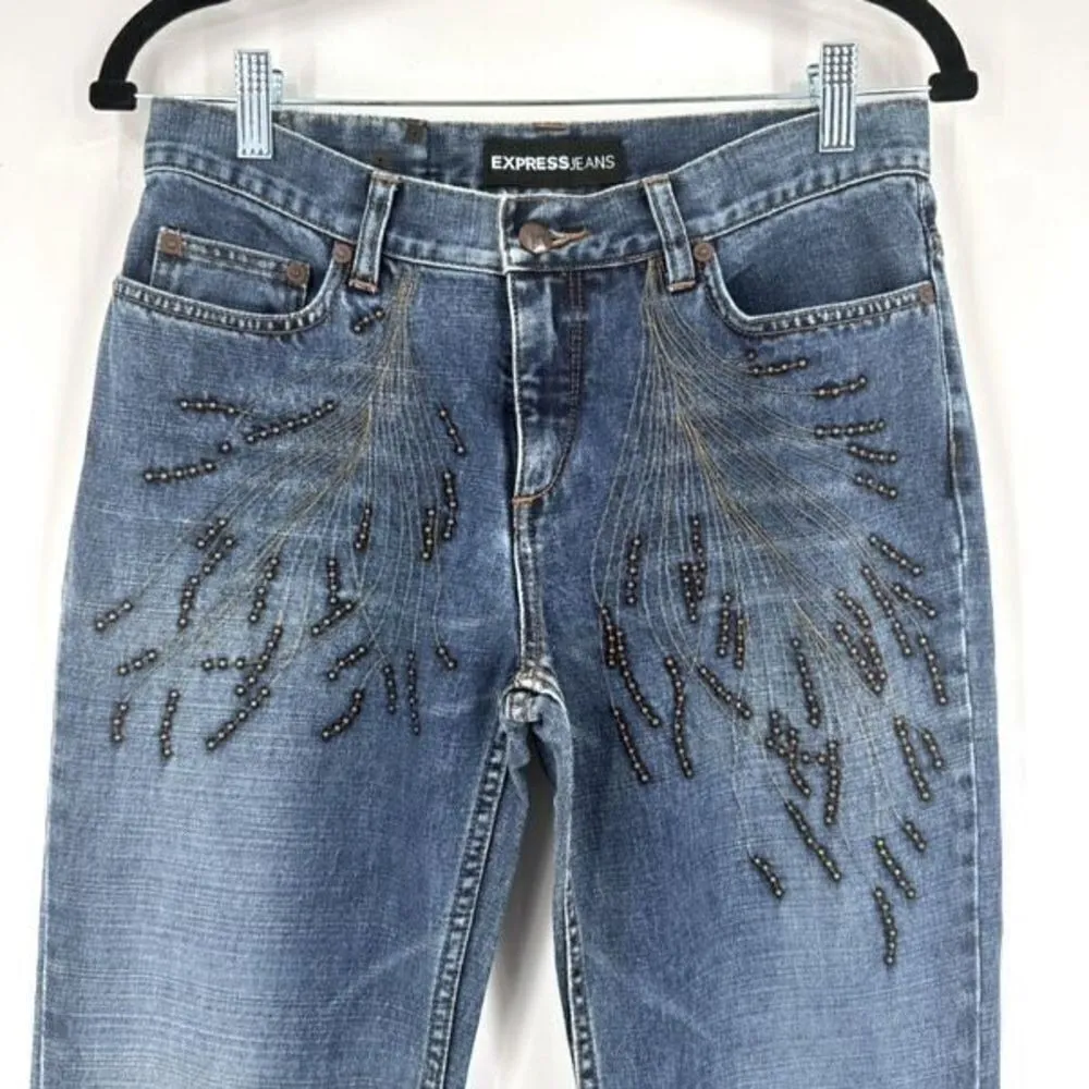 EXPRESS Vintage  Women's Studded Feather Design Bootcut Jeans Blue Denim Size 5/6 - Image 5