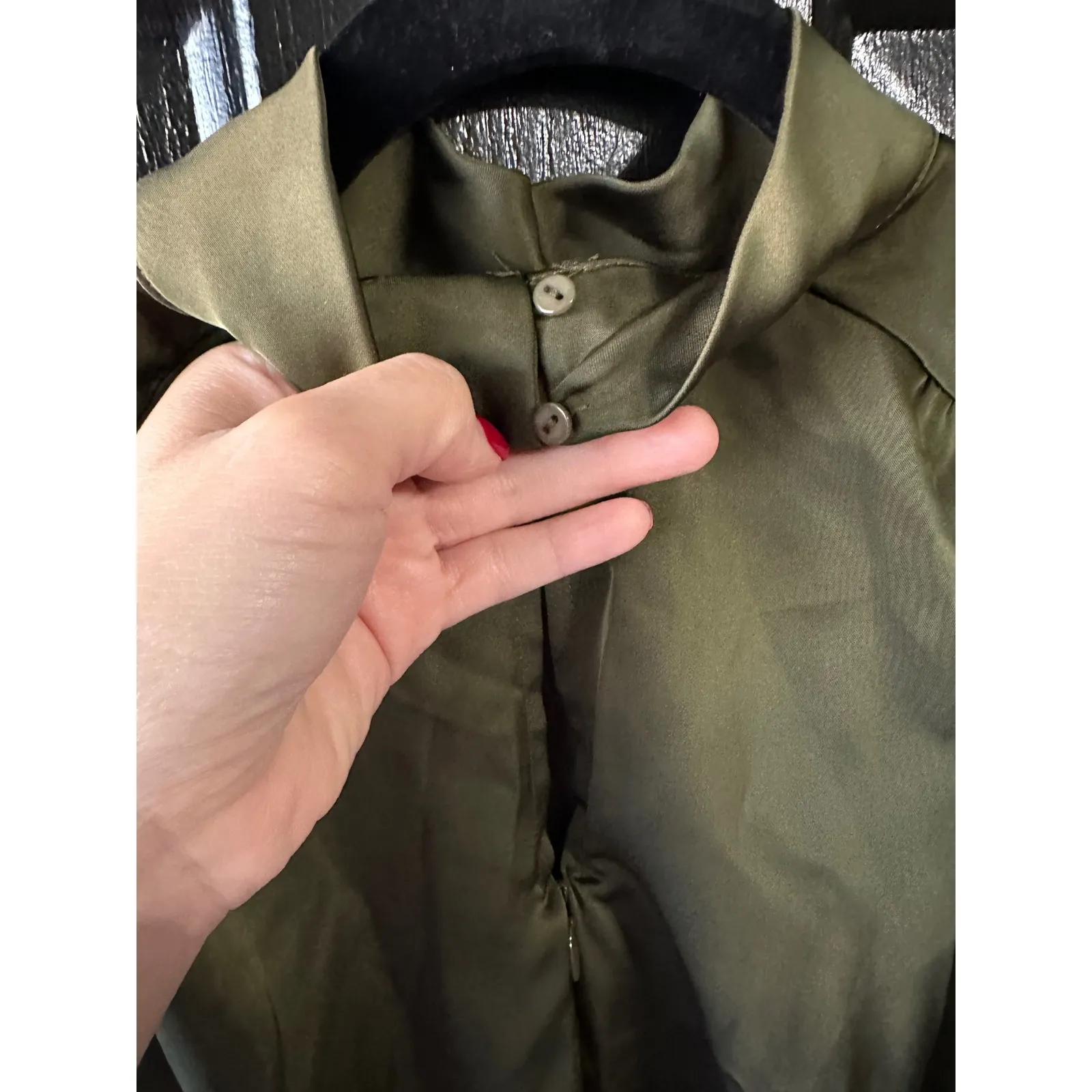 Lulus Satin Mock Neck Sleeveless Mini Dress Olive Green Ruched Waist - Image 3