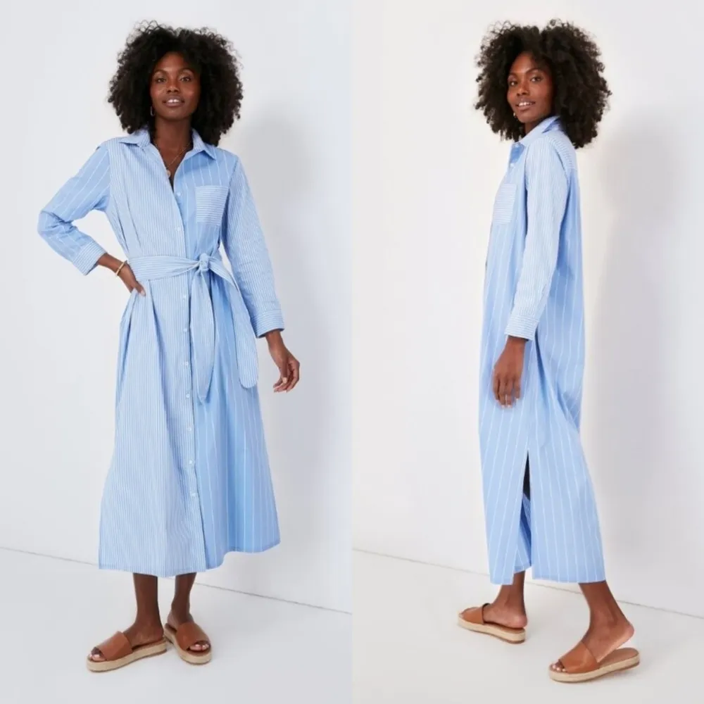 Pomander Place Plue Stripe Chessie Preppy Belted Shirt Maxi Dress - Image 2