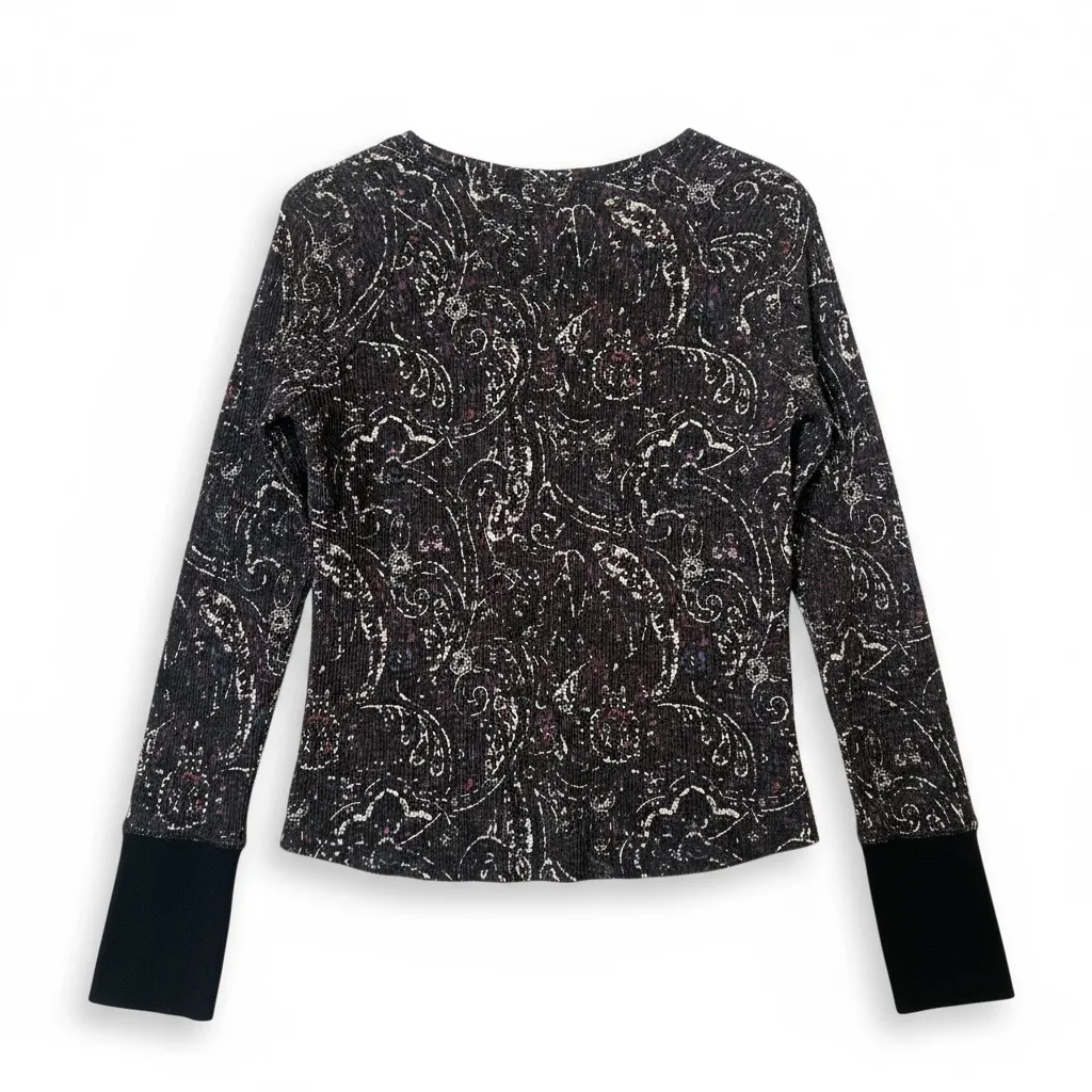 Knox Rose Black Paisley Print Waffle Knit Long Sleeve Top, Women’s Size M - Image 3