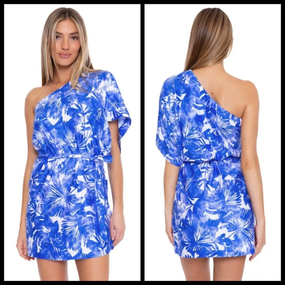 💕TRINA TURK💕 Basque Dress One Shoulder Swim Cover Up Sapphire Blue Print S NWT - Image 11