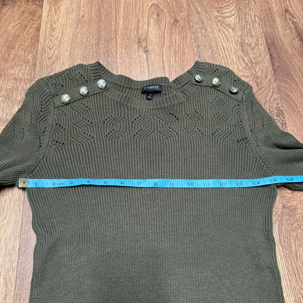 Talbots Womens Olive Green Scoop Neck Sweater Brass Buttons Open Knit Size XS - Image 6