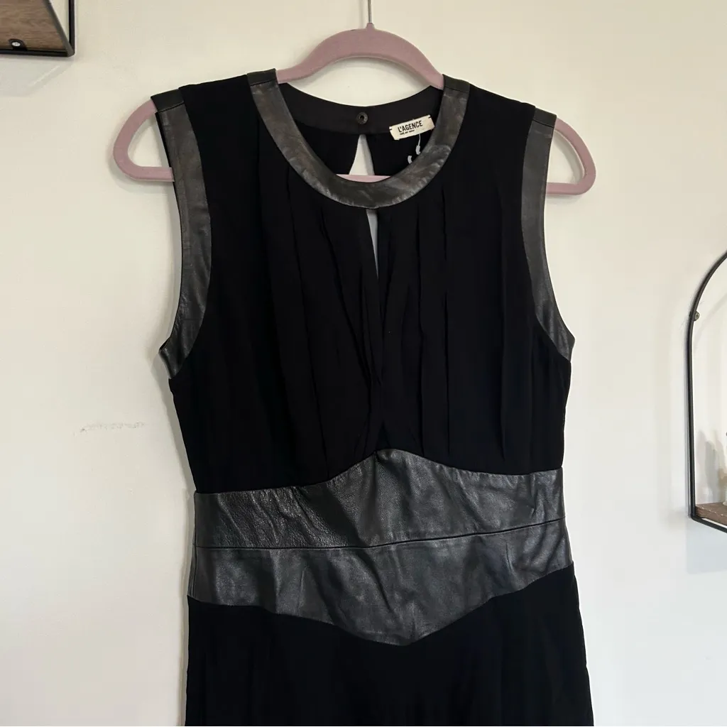 L’Agence Black Pleated Lether Trimmed Knee Length Dress Size 6 - Image 3