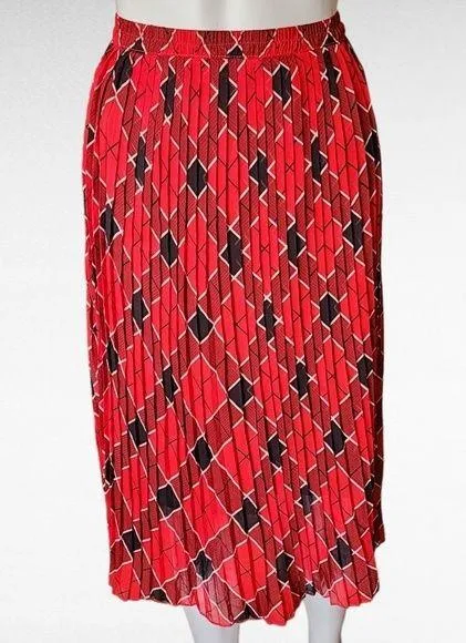 Vintage Cathy Daniel's Red & Black Pleated Argyle Midi Skirt Size Large - Image 1