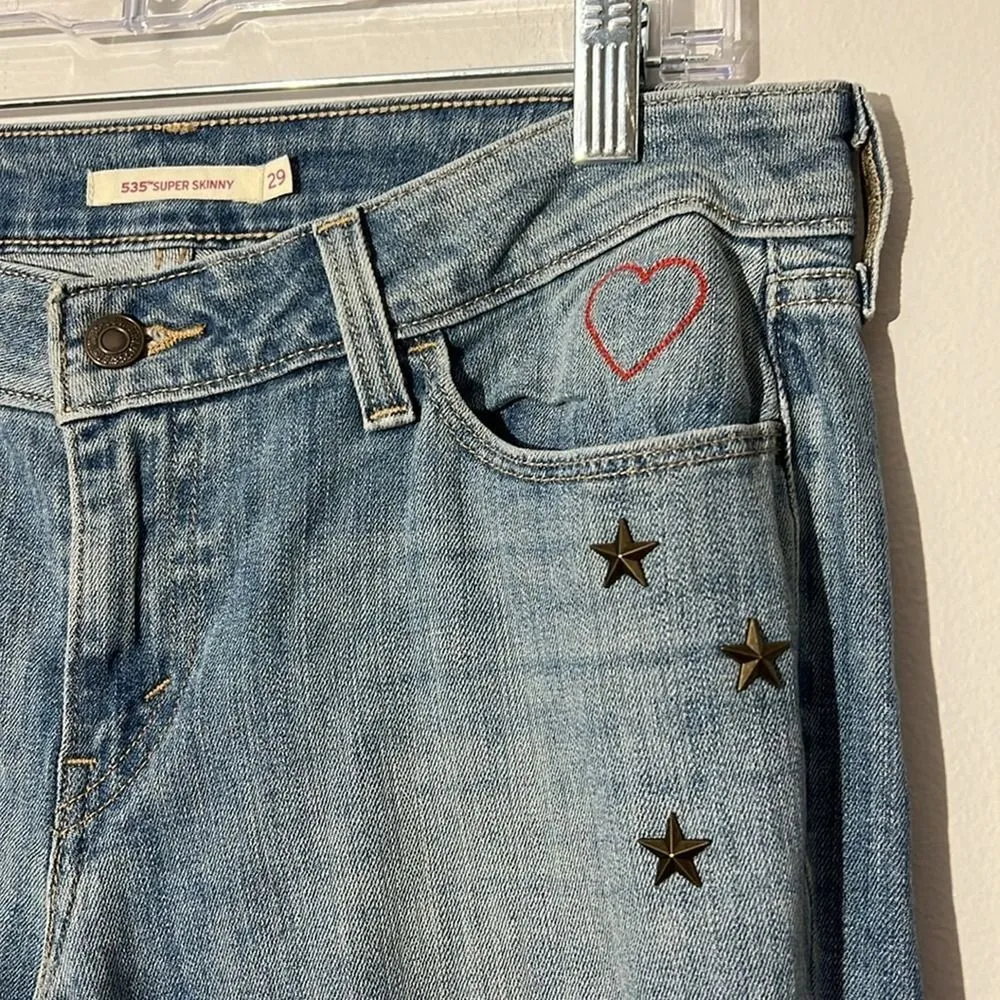 Levi Strauss 535 Super Skinny Distressed Embroidered Hearts Stud Stars Jeans 29 - Image 3