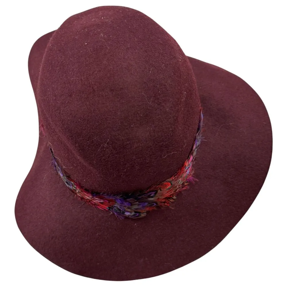 Juicy Couture Wool Burgundy Wide Brim Floppy Sun Hat Feather Details One Size - Image 6