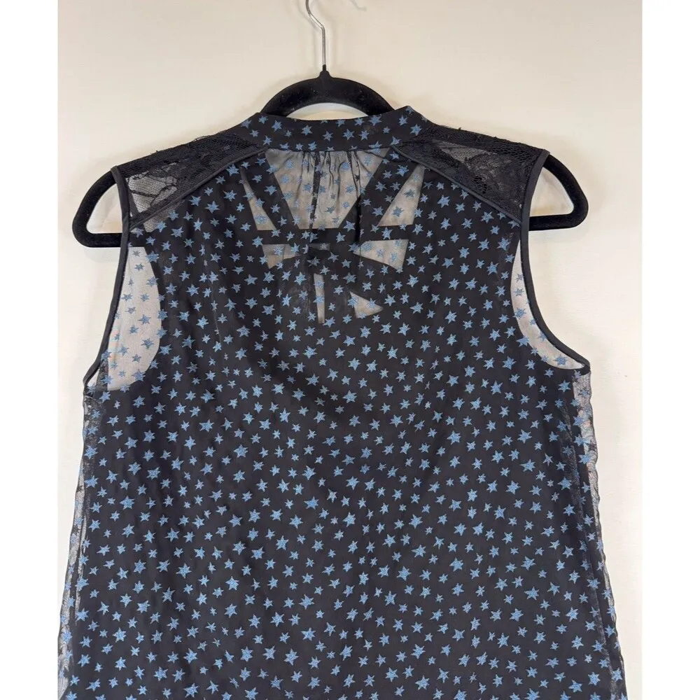 Coach Womens Top Black Star Print Sleeveless Tie Neck Blouse Silk Sheer Size 0 - Image 10
