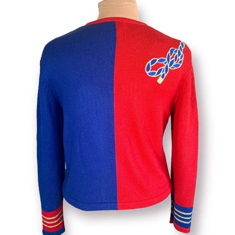 Vintage 90s Nautical Knit Cardigan Sweater Round Neck Bright Pattern Cropped Red Size M - Image 5