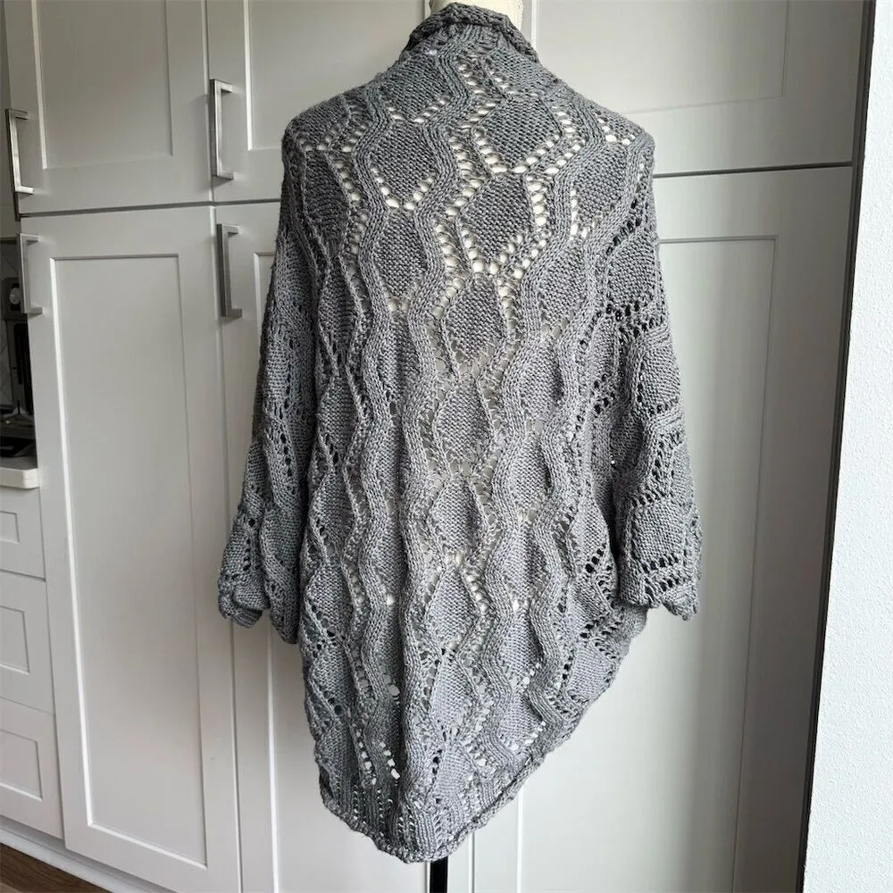 Garnet Hill Women's XS Gray Linen Blend Crochet Lace Open Front Shrug Sweater - Image 3
