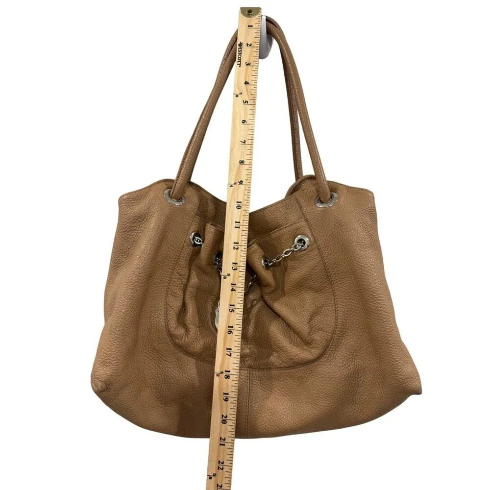 Furla Tan Pebbled Leather Chain Lock Drawstring Satchel Shoulder‎ Bag Y2K Boho - Image 3