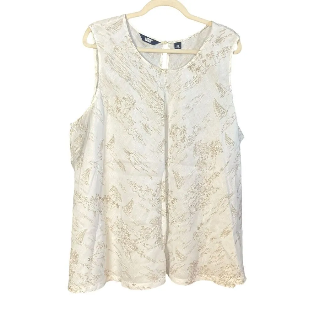 Lands’ End 100% Linen Sleeveless Top 3X Tan Palm Trees Coastal Resort Flowy - Image 8