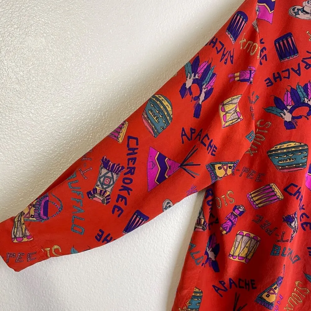 Womens Long Sleeve Silk Shirt Large Red Button Up Tribes Native American Sioux - Image 8