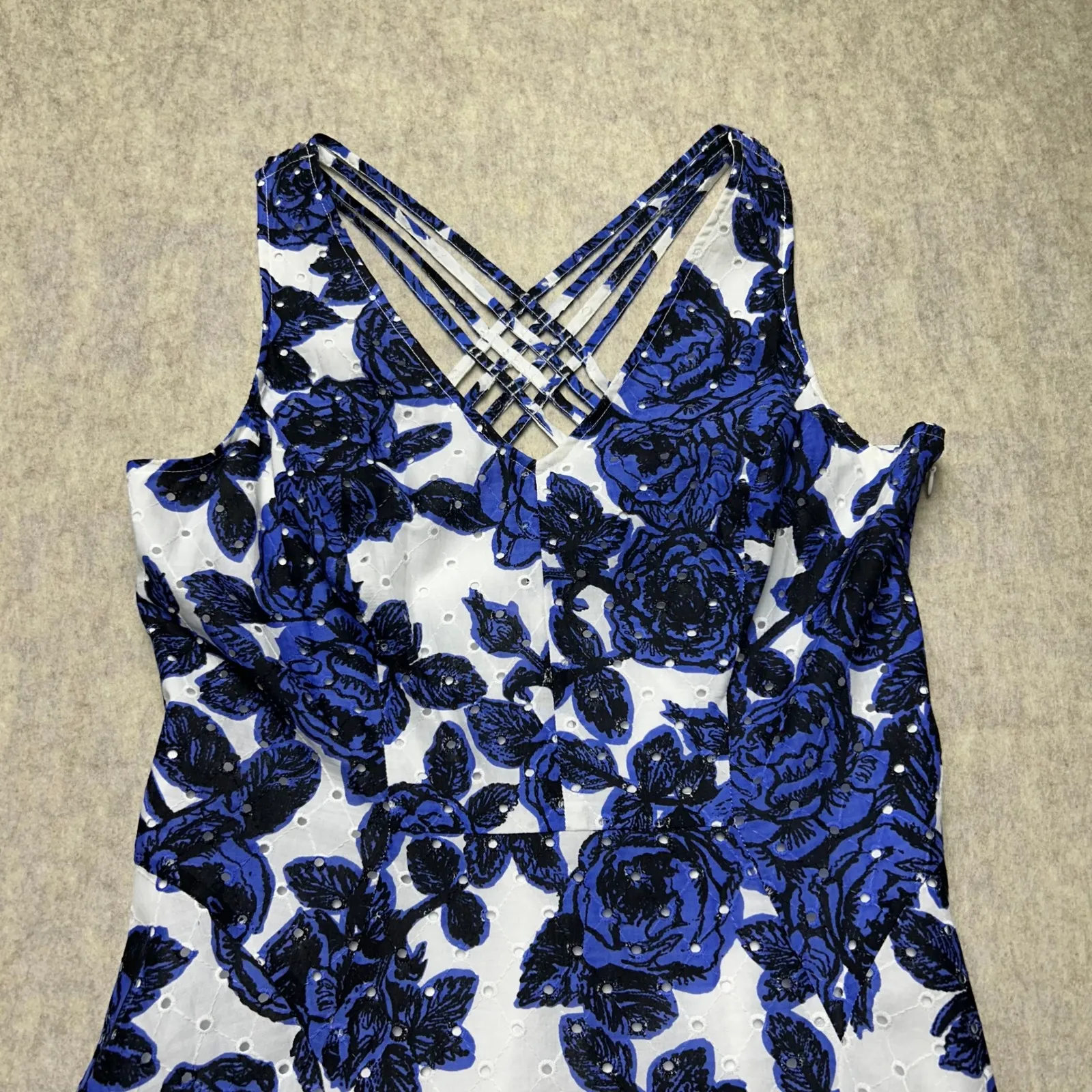 Adrianna Papell White Blue Floral Eyelet‎ Fit & Flare Dress Criss Cross Back 12P - Image 2