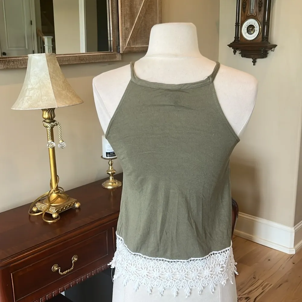Babydoll Army Green Tank embroidered elephant crochet lace - Image 8