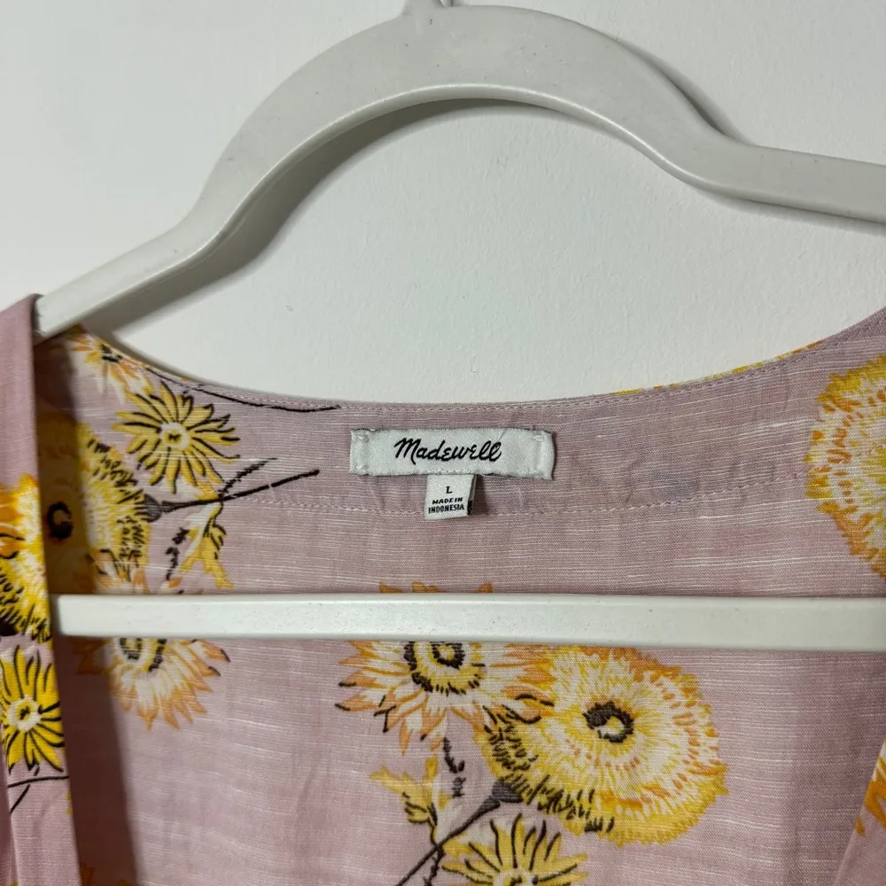 Madewell Linen Blend Floral Wrap Dress Size Large Ruffle-Cuff Dutch Dandelions - Image 3