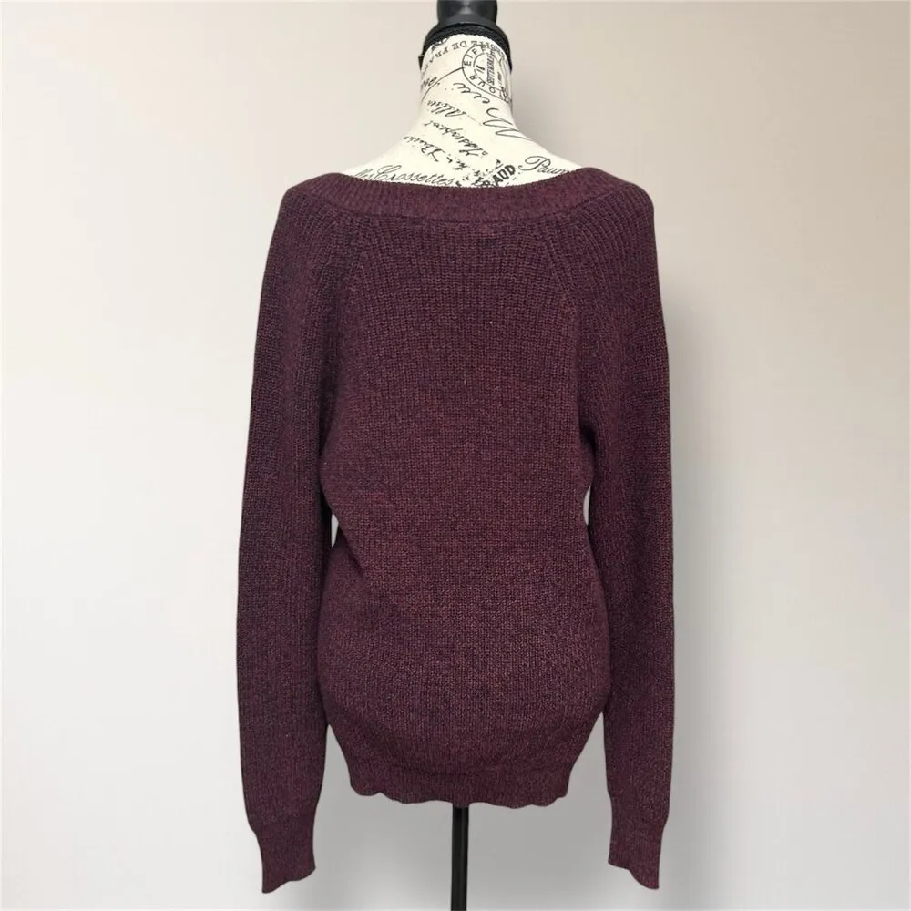 BCBGMAXAZRIA Burgundy Red Knit Oversized V Neck Sweater Long Sleeve Cotton Blend - Image 4
