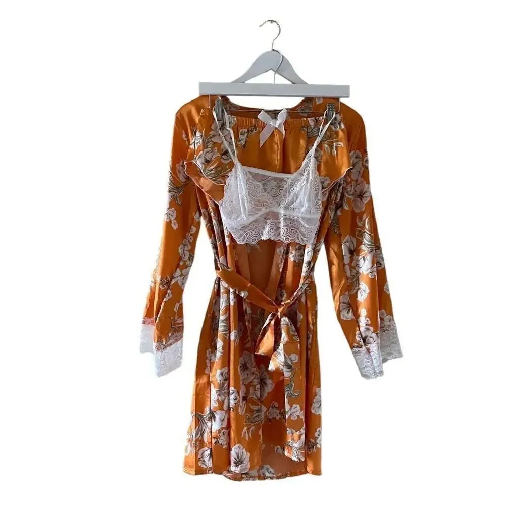 Bohemian Floral Print Pajama Set, Long Sleeve Robe With Belt Lace SZ M #1635 Orange Size M - Image 2
