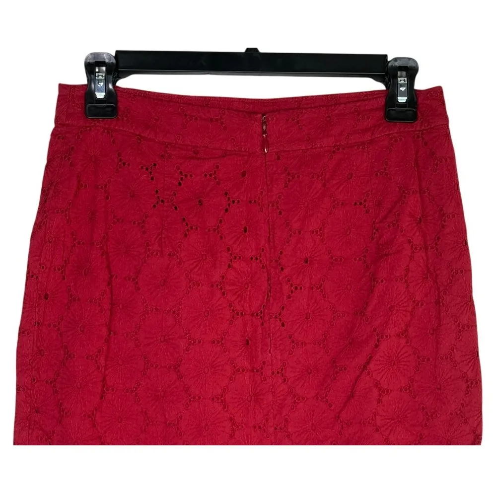 J. Crew The Pencil Mini Skirt Floral Eyelet Lace Lined Back Zip Up Slit 2 P Red - Image 5