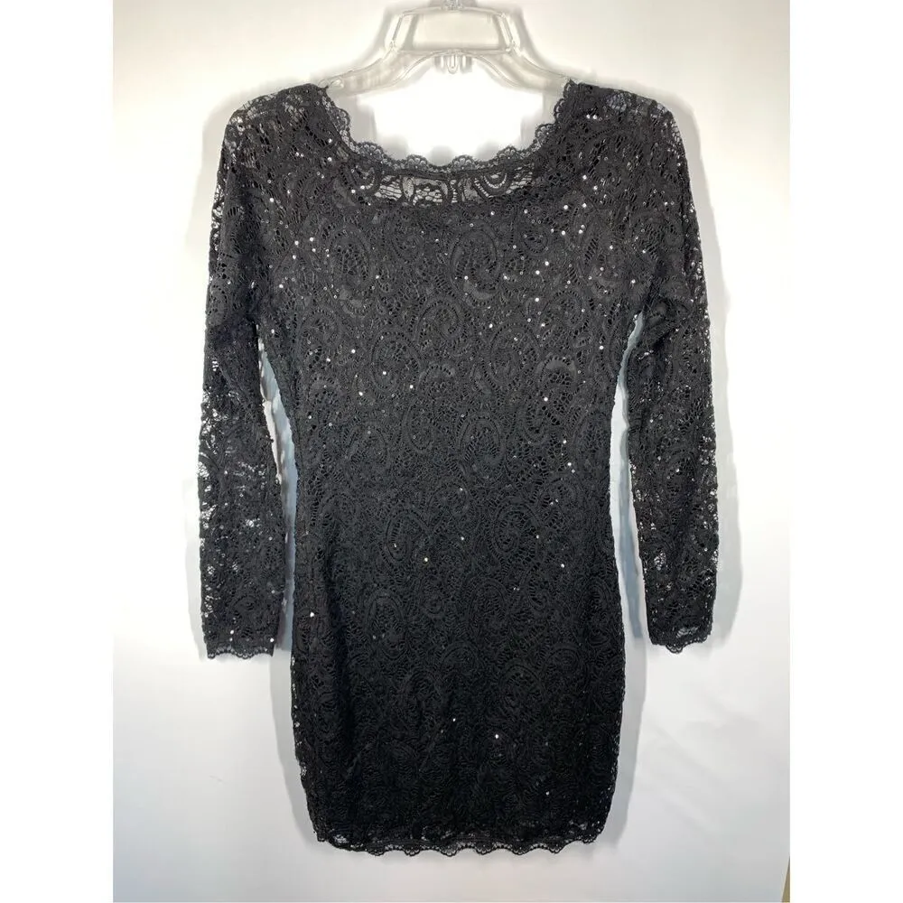 Sequin Hearts Women's Sheer Long Sleeve Lace Sequin Bodycon Dress Black Medium - Image 5
