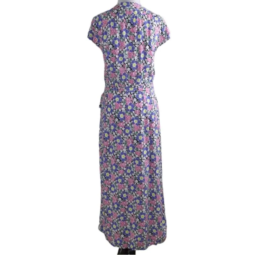J.CREW Midi True Wrap Dress in Soft Rayon Pink Blue Floral Size XXS - Image 4