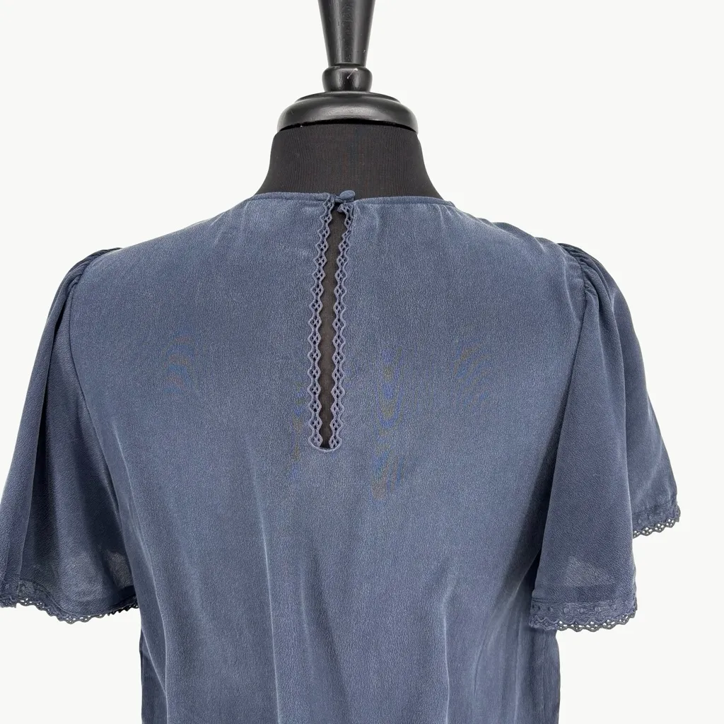 Sézane Matty Ruffle Silk Short Sleeve Blouse | Sz FR 38 (US 6) | Navy Blue - Image 14