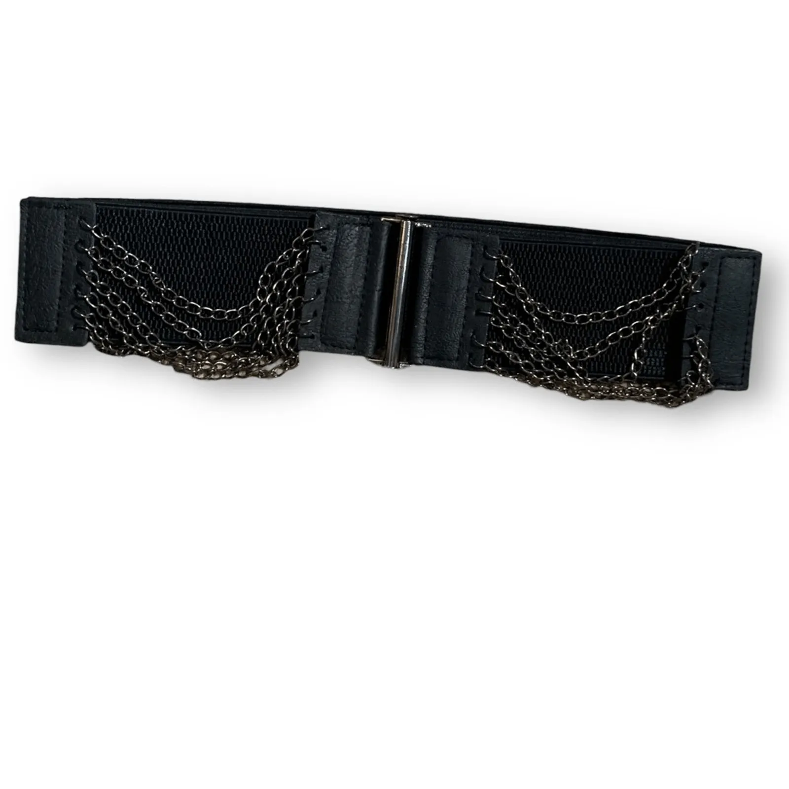 Deadstock Y2K Yik Fung Black Leather Stretch Waist Belt Chains NWT Statement - Image 7