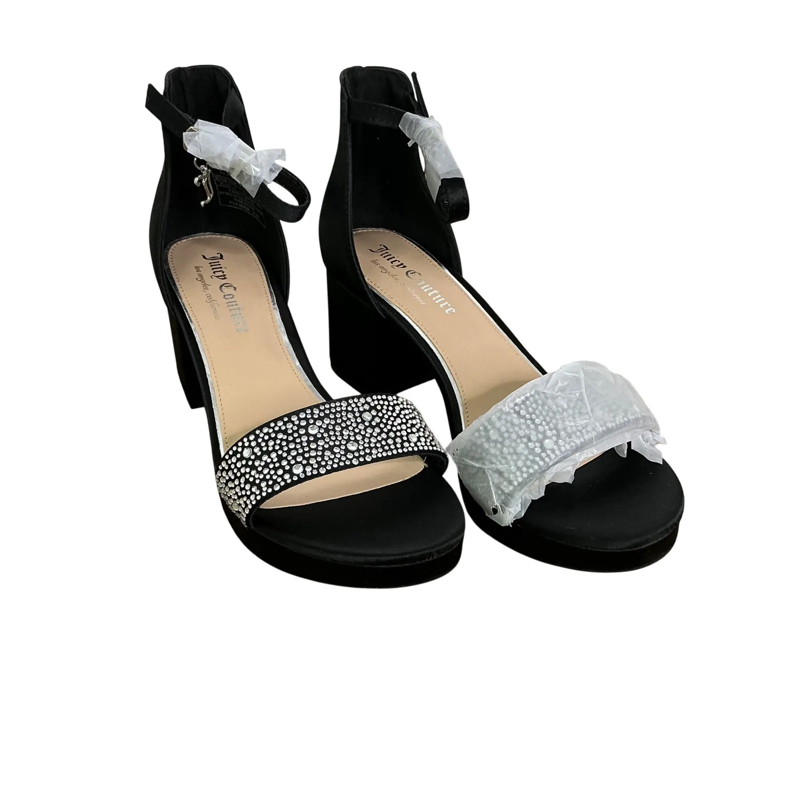 Juicy Couture Rhinestone Heels Womens 8 Y2K Party Dressy Block Sandals Black - Image 3