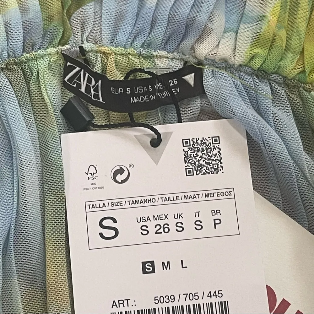 Zara Printed Tulle  Cropped Top bell sleeves ruffles Green Yellow Sz S - Image 13