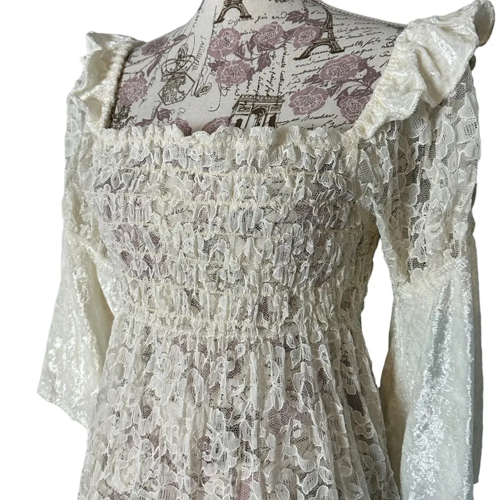 Vintage Empire Waist Lace Tiered Dress Ruffle Flare Sleeve Boho Size Small - Image 5