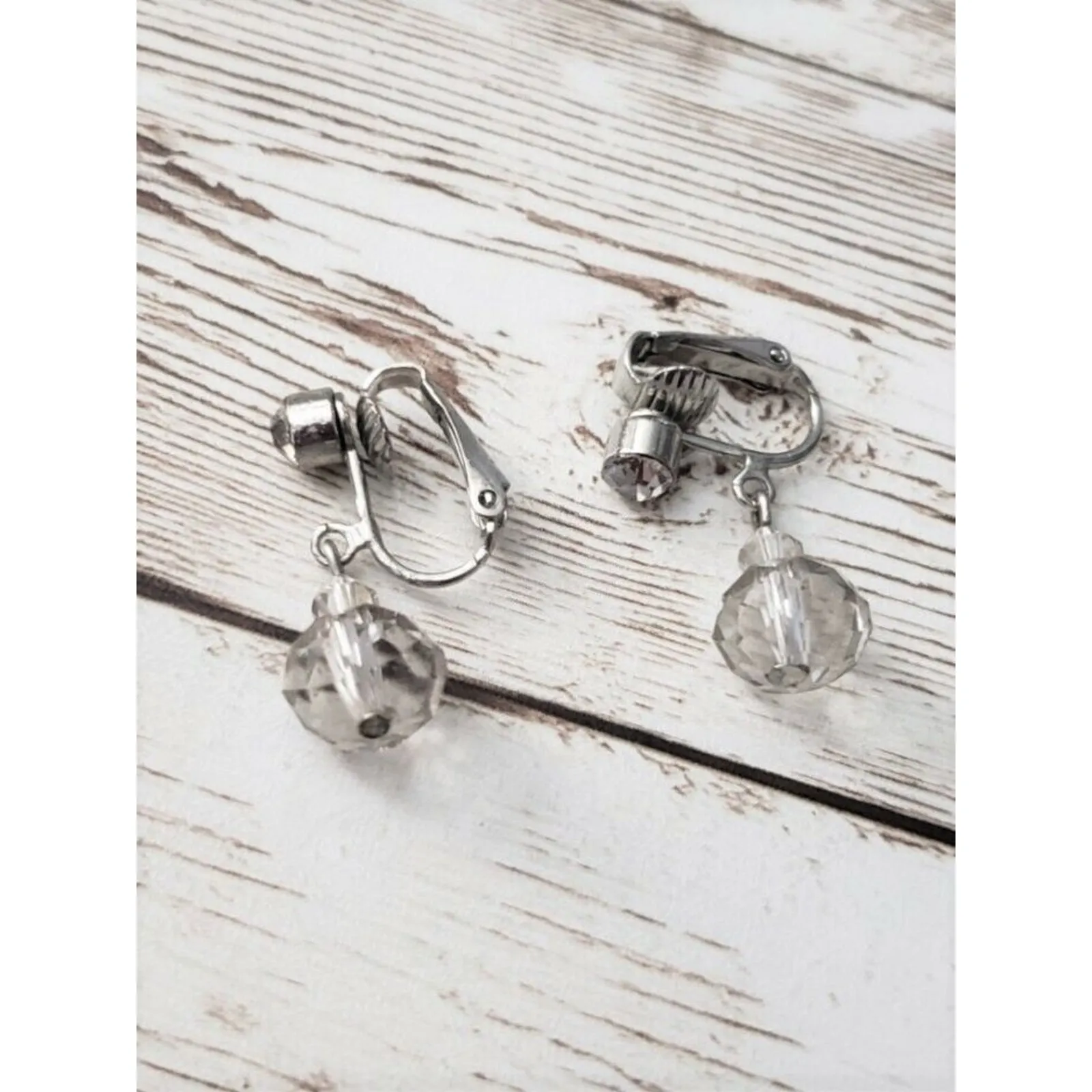 Vintage Clip On Earrings Clear Bead & Gem, Silver Tone Dangle - Image 2