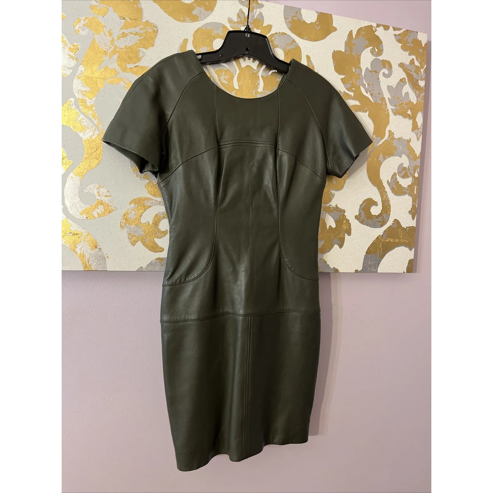 Reiss Size 4 Olive Green Lamb Leather  Mini Dress‎ - Image 6