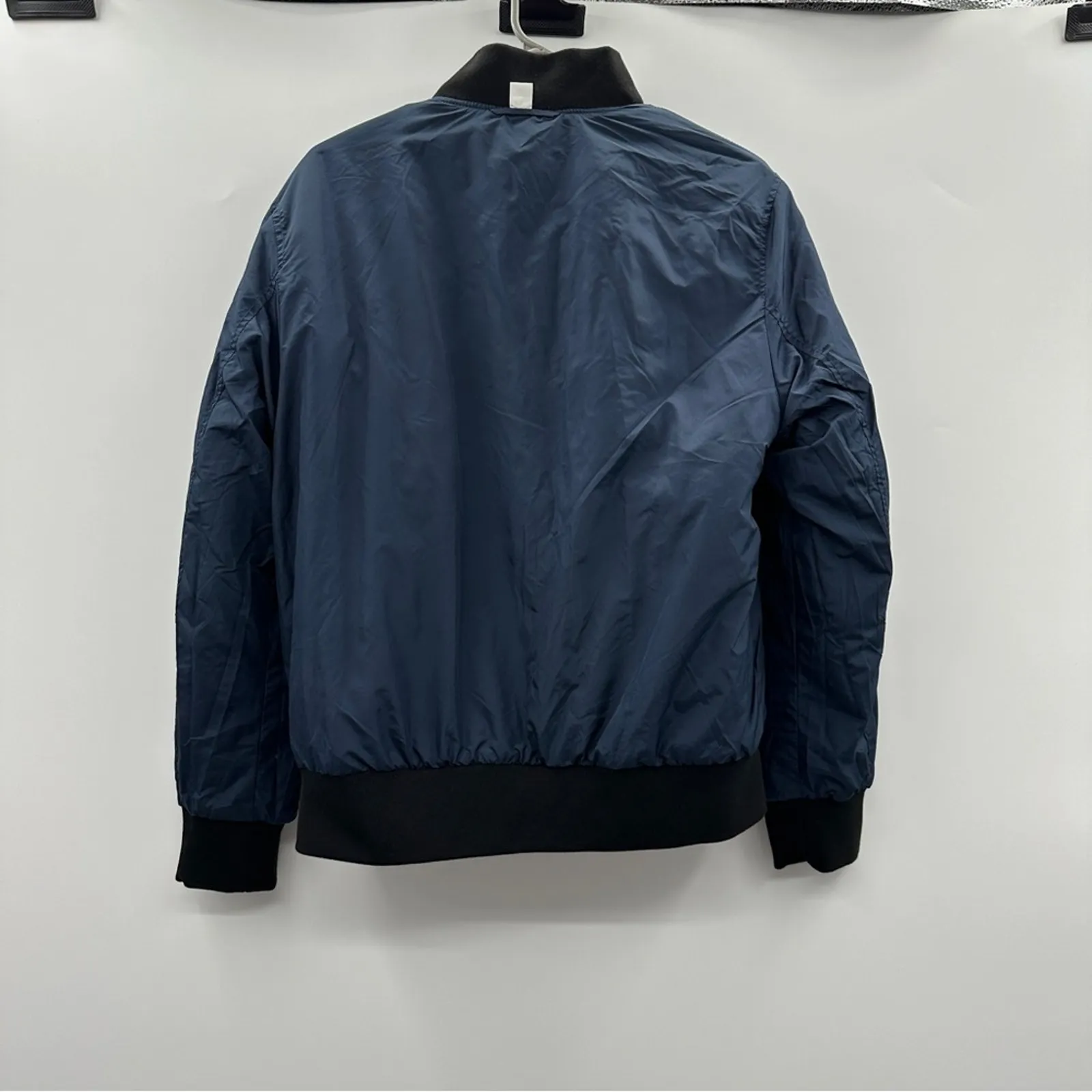 WRK Work‎ Rest Karma Jacquard Reversible Navy Blue Bomber Jacket Sz S NEW - Image 6