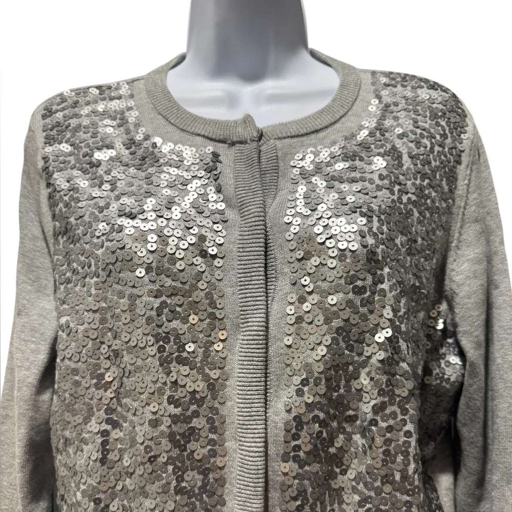 IZOD Sequin Front Sweater Women’s Medium Gray | Hidden Snap Front | Holiday Glam - Image 2