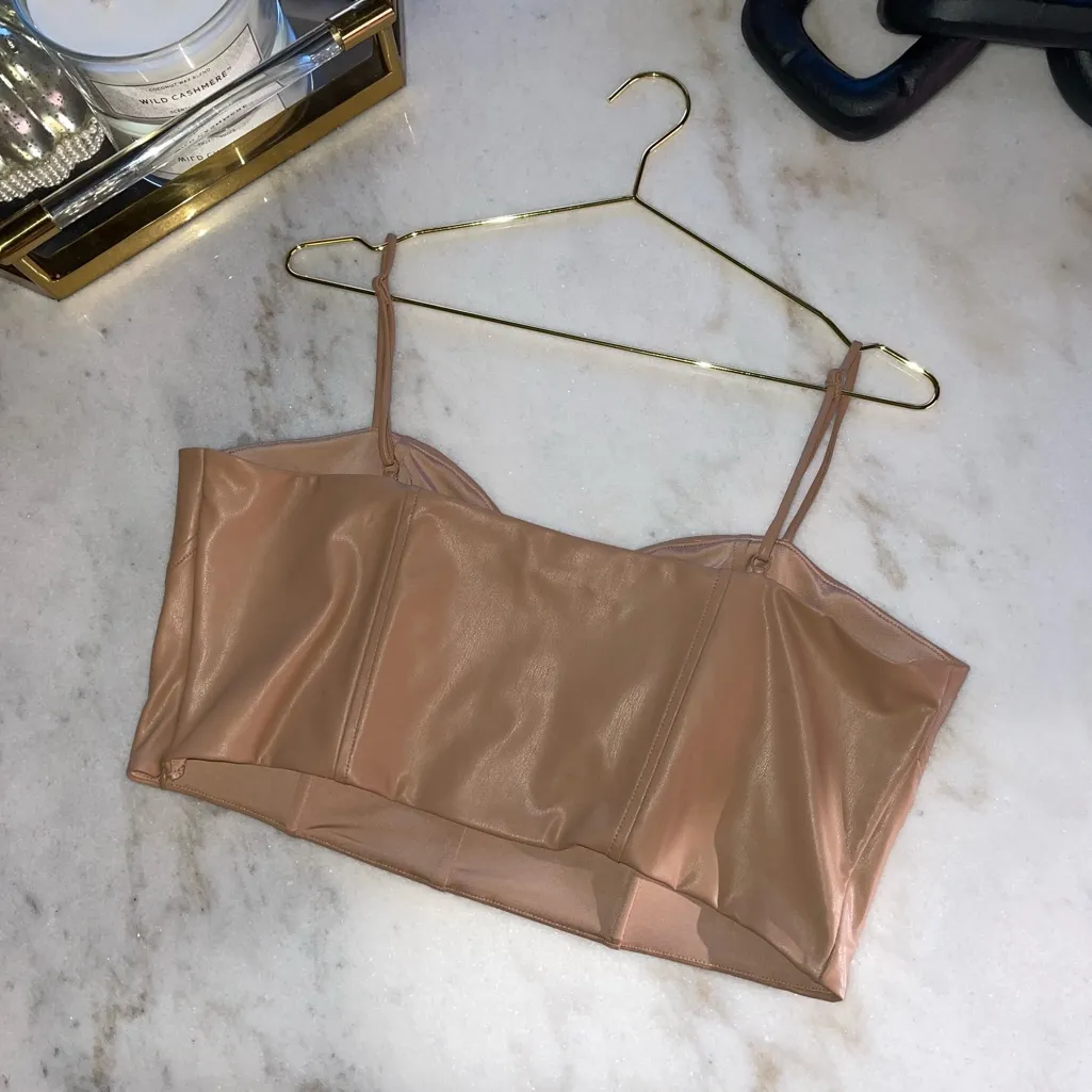 Express Body Contour Faux Leather Corset Cropped Top in Beige Tan Nude - Image 5