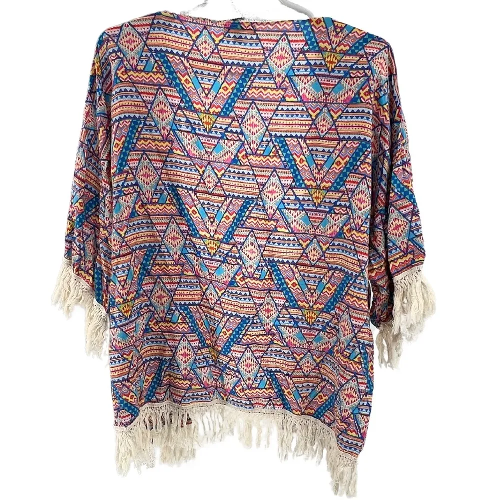 Kori America fringe kimono s/m colorful Aztec geometric lightweight coverup - Image 2