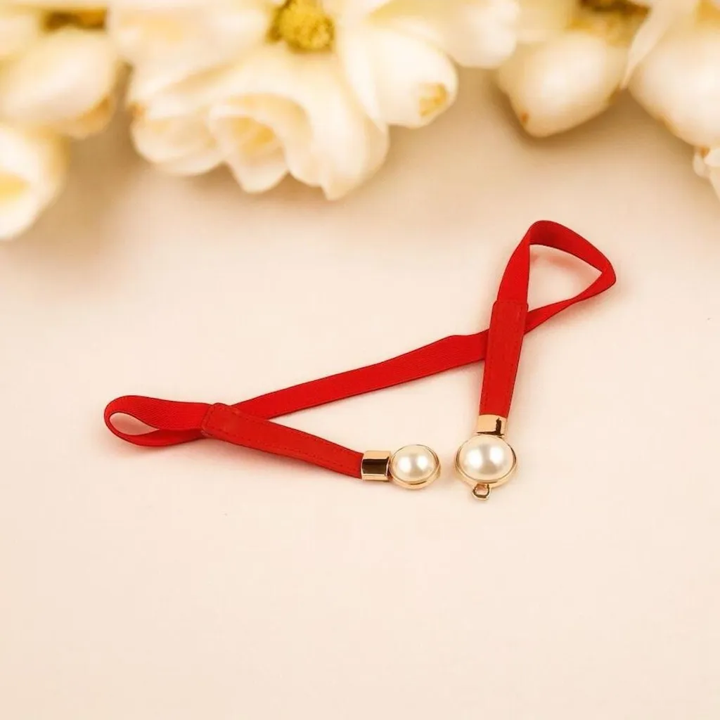 Red & gold pearl belt‎ Imitation Pearl Pair Buckle Thin Belt Monochrome Elastic - Image 9