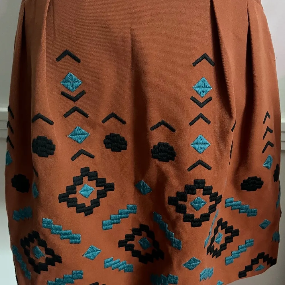 Nanette Lepore • Orange Rust Skirt with Black and Blue Geometric Embroidery - Image 2