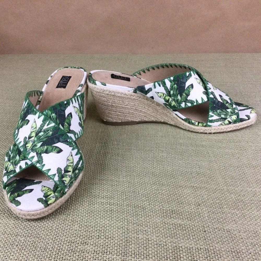 G.I.L.I. Palm Leaves Slide On Wedge Sandals. Size: 8.5 White - Image 5