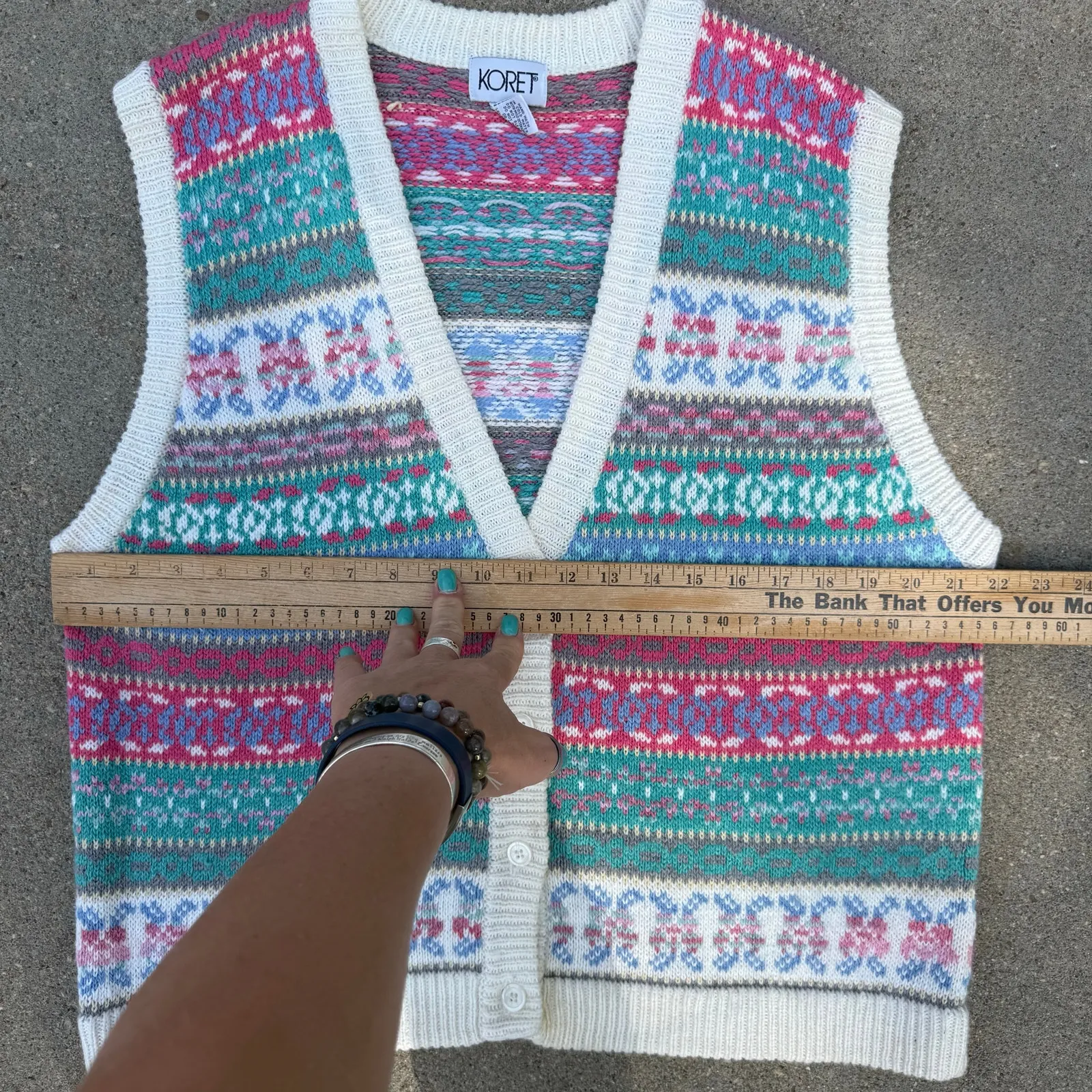 Vintage 90s Koret Grannycore Lagenlook Fair Isle Knit Sweater Vest Pink Blue XL - Image 7