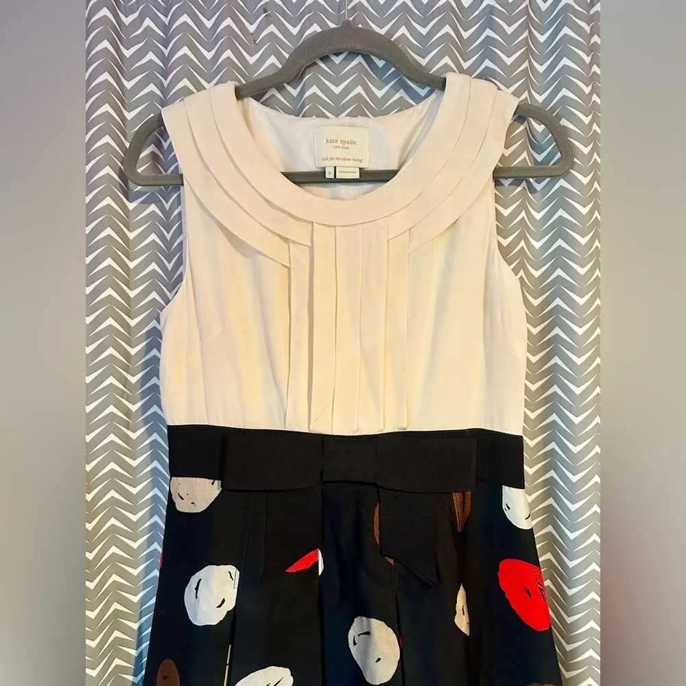 kate spade | Silk Cream Pleated Top/Polka Dot Skirt Dress, Size 6 - Image 2