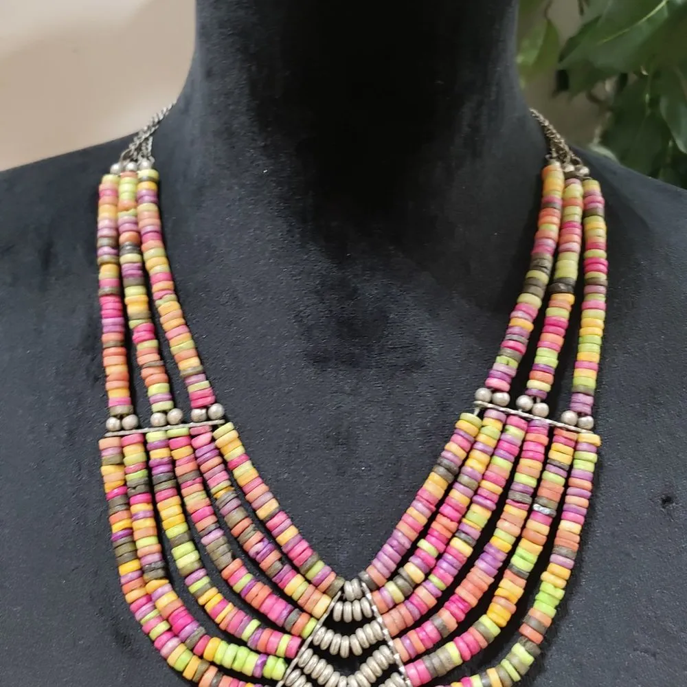 Women Fashion Boho Ethnic Style Multistrand Multicolor Beaded Necklace w/ Lobste - Image 2