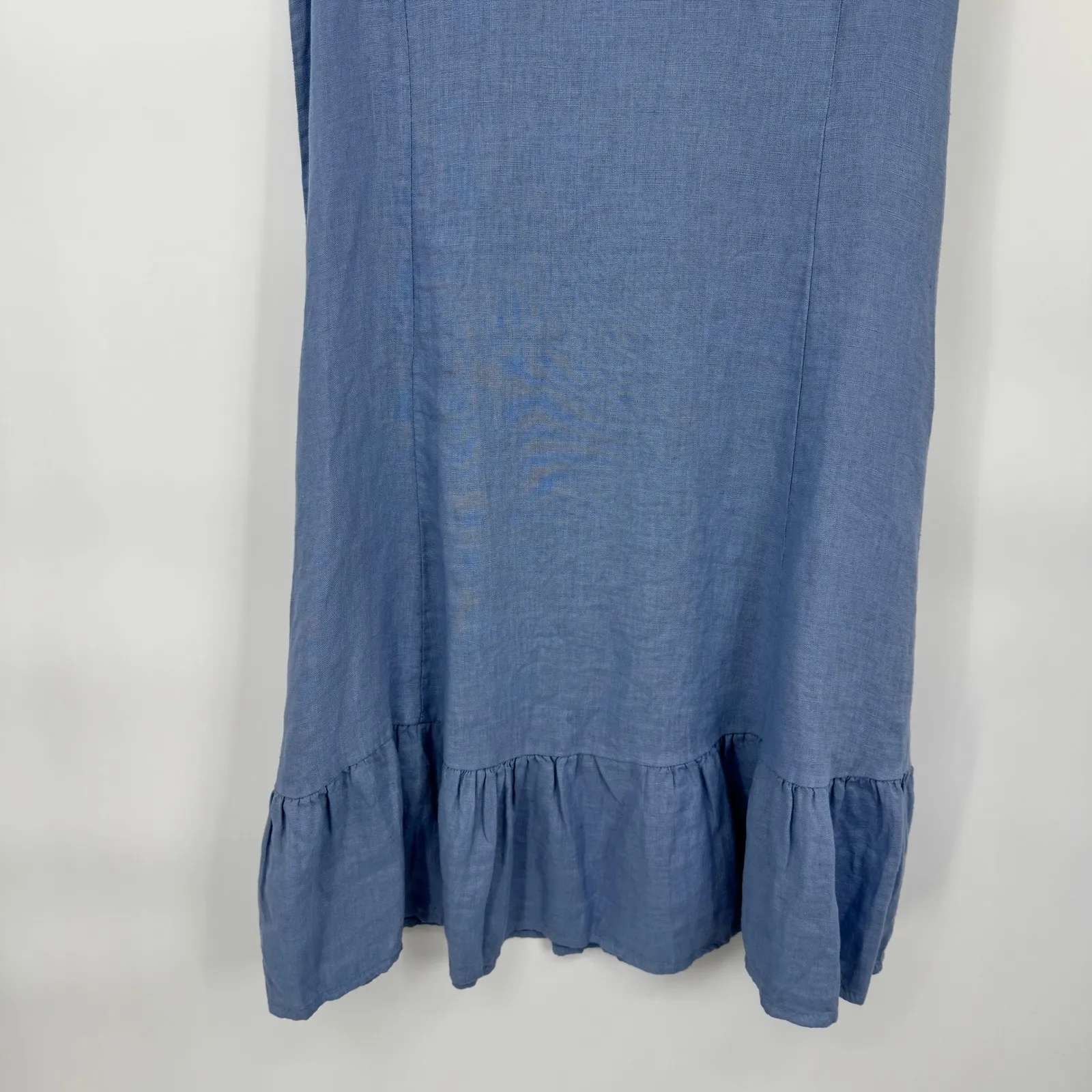 Terzo Millennio Linen Dress Blue Midi Sleeveless Bow Back Ruffle S Made in Italy - Image 3