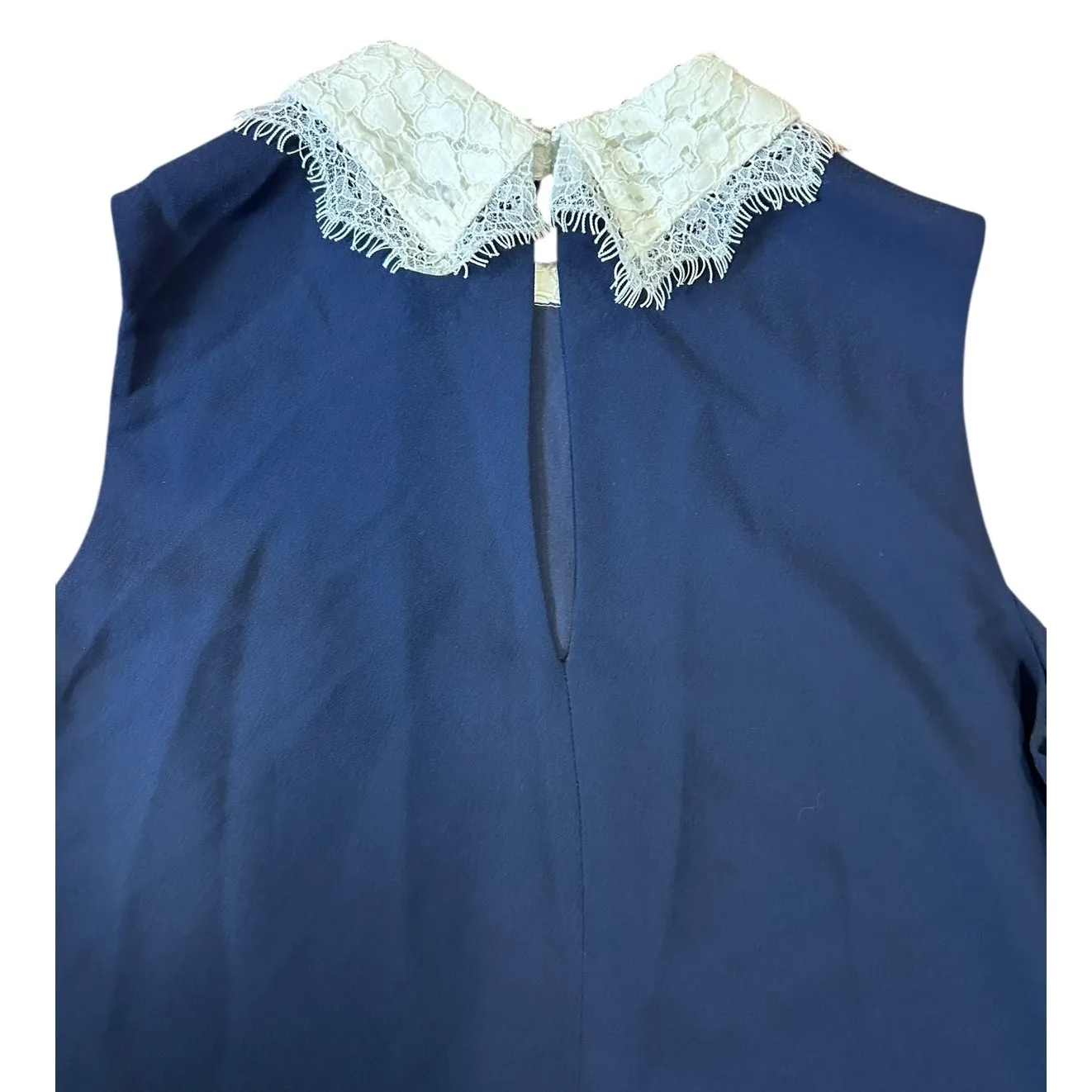 NWT NANETTE LEPORE Navy Cream Sleeveless Lace Collar Babydoll Shift Twee Dress 8 - Image 5