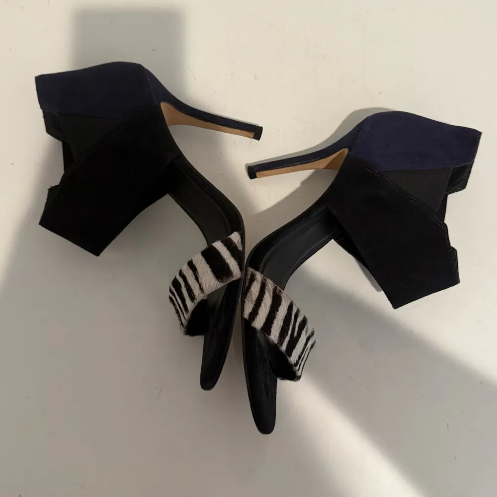 TRINA TURK Los Altos Suede High Heel Sandal Zebra Print Black White Navy Blue 8 - Image 10
