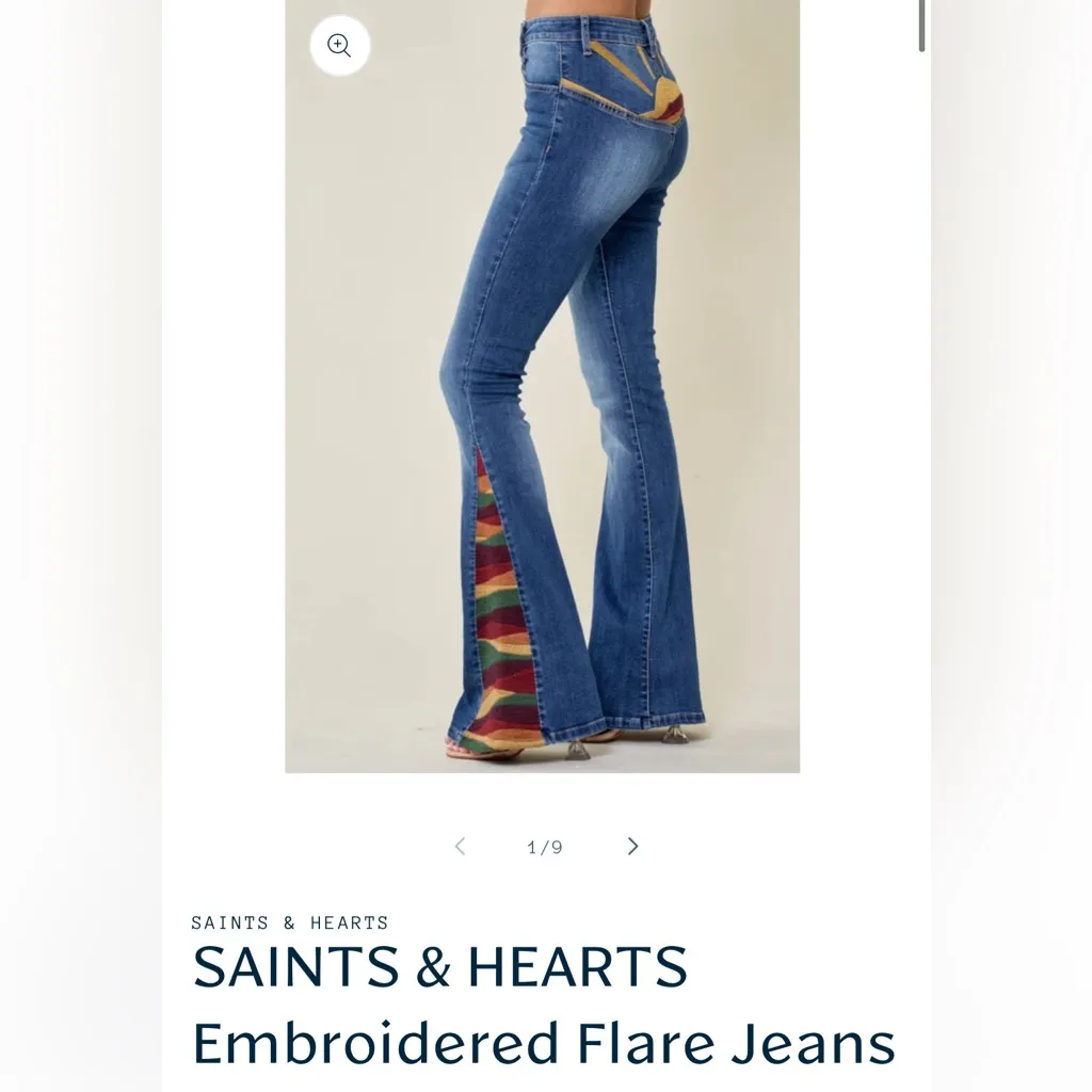 Saints and Hearts Embroider Sun Flare Wide Leg Denim Jean Stretch High Rise Boho Blue Size 18 - Image 3