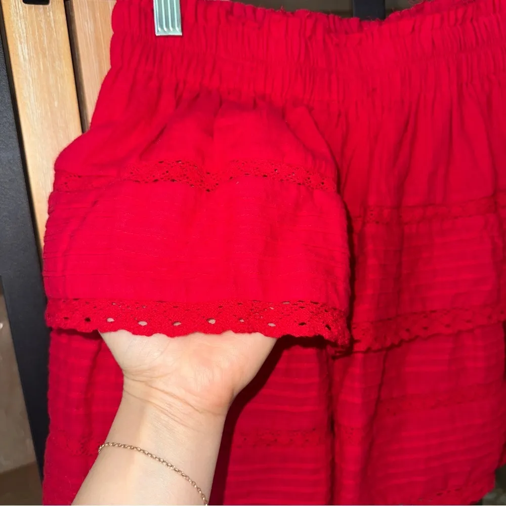 Day + Moon Tiered ruffle lace skirt high rise preppy loveshackfancy embroidered Red - Image 6