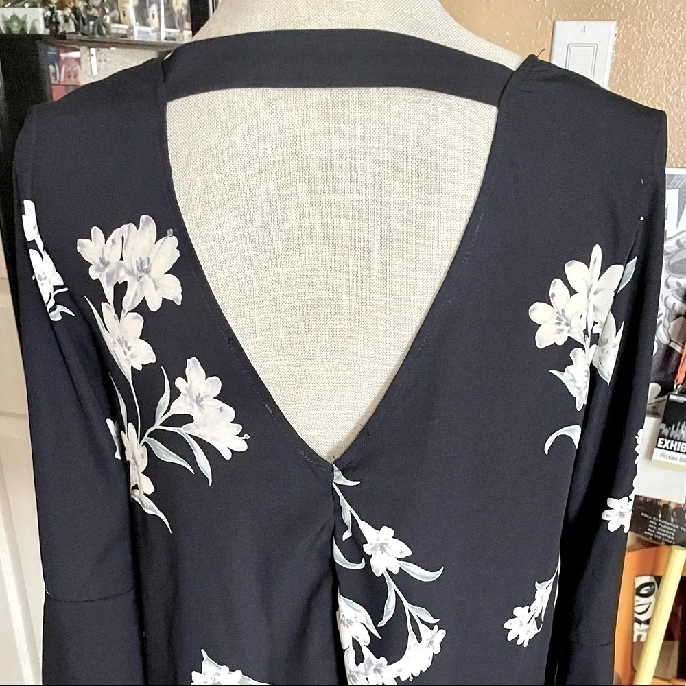 Aqua Floral Navy Blue Dress With Bell Sleeves Bohemian- By Aqua - Image 4