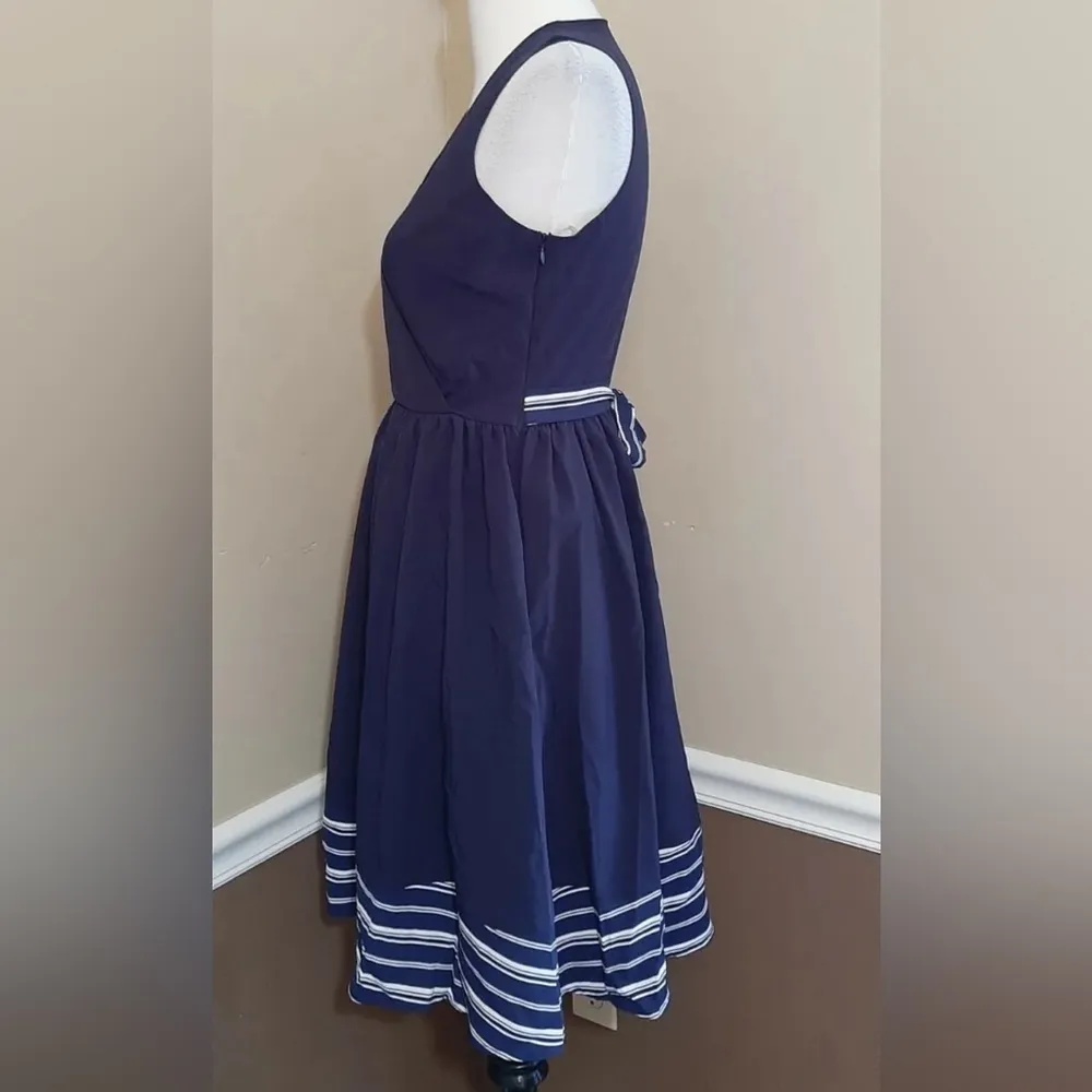 Navy Blue White Striped Hem Surplice V-Neck ModCloth Dress by Yellow Star Small - Image 5