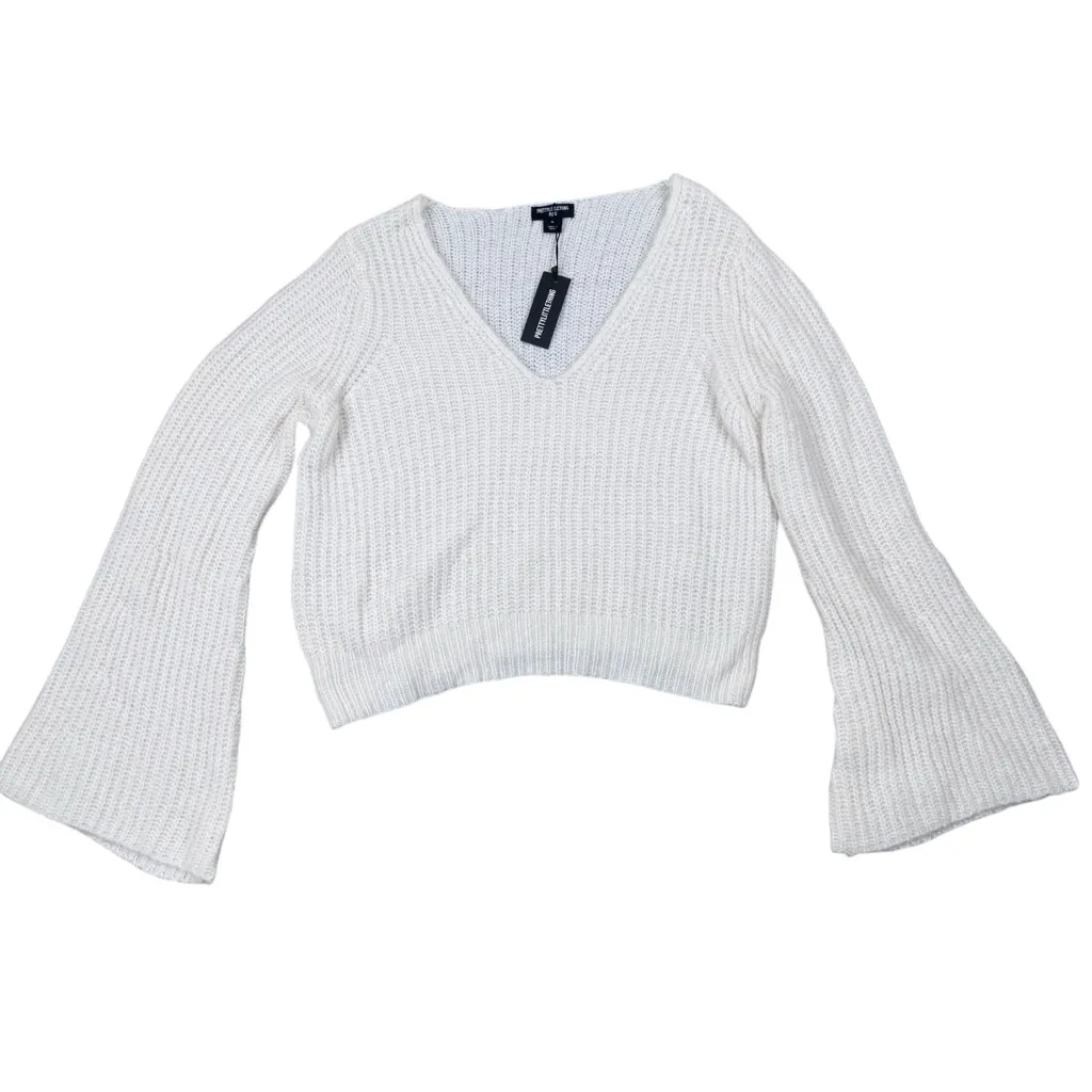 NWT PrettyLittleThing Cream Brushed Knitted Cropped Long Bell Sleeve Sweater XL - Image 3