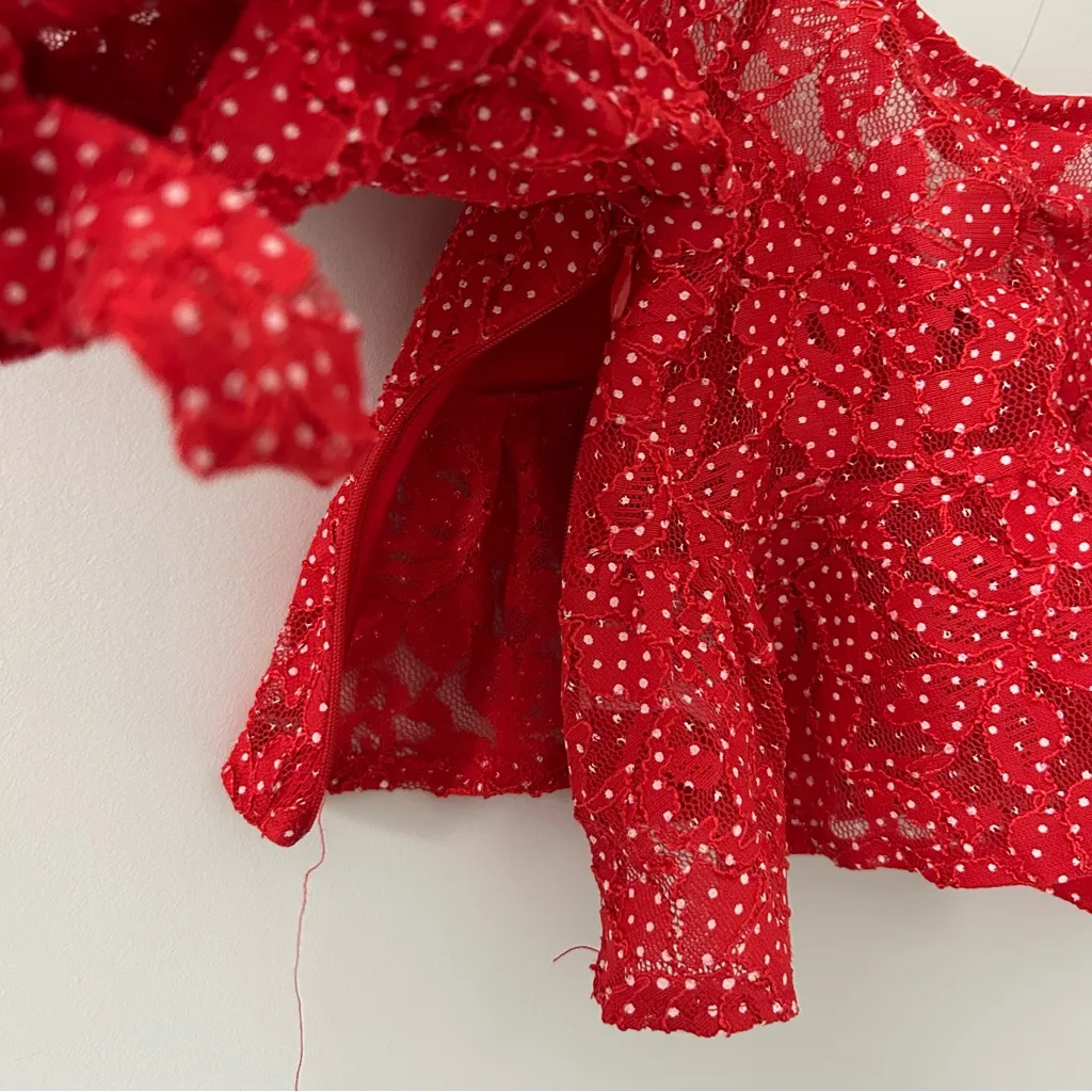 For Love & Lemons Leila Top Red White Lace Polka Dot Puffed Sleeves Crop Top S - Image 6